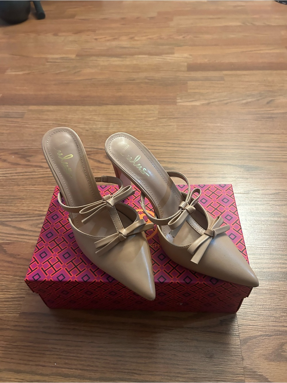 Lulu's Nude Pointed-Toe Slip-On Mules with Bows